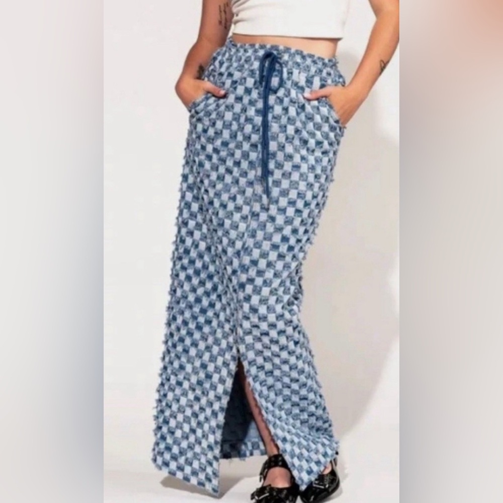 Blue Checkered Maxi Skirt with Side Slit